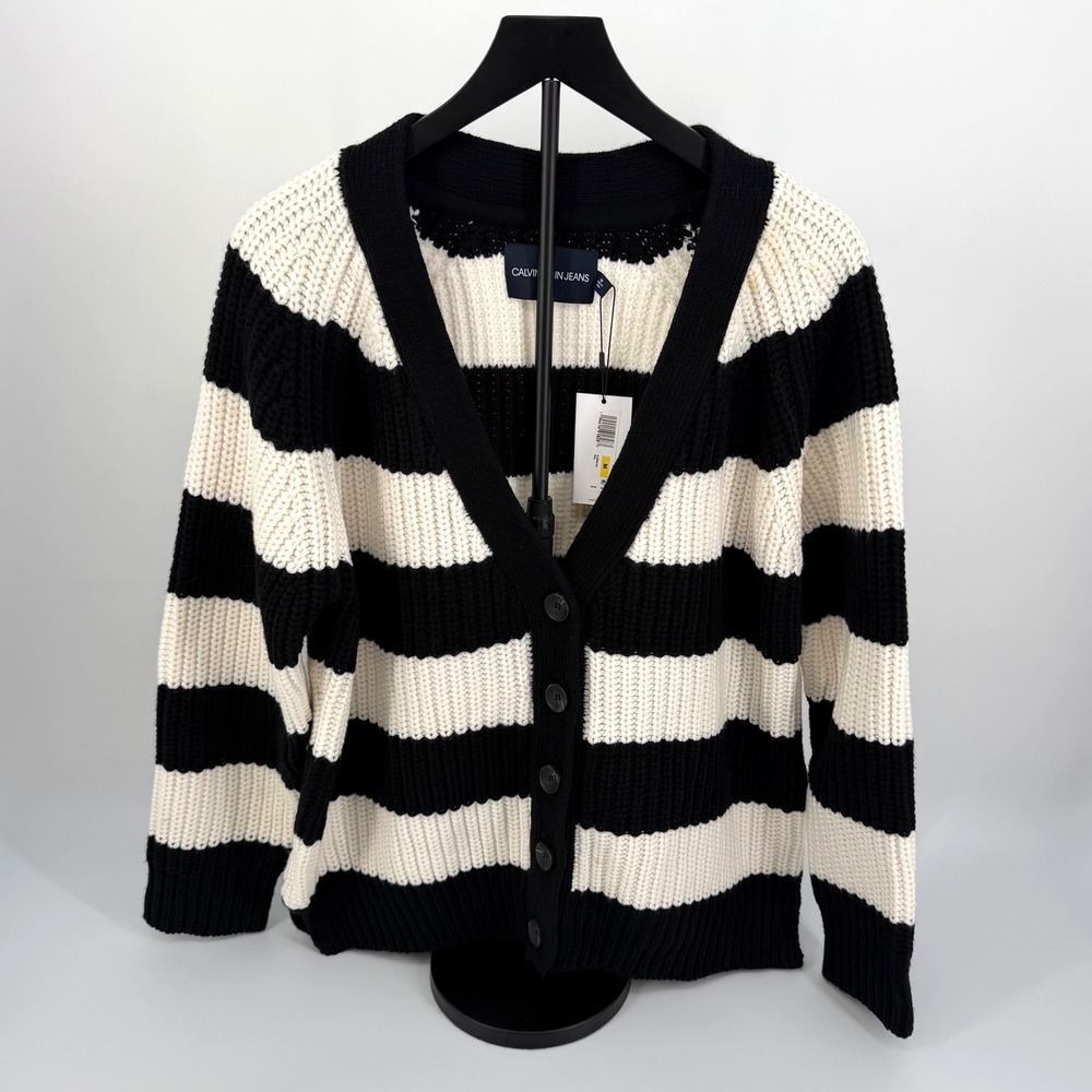 Calvin Klein Jeans Cardigan Women M Black White NWT Striped Chunky Knit V-Neck